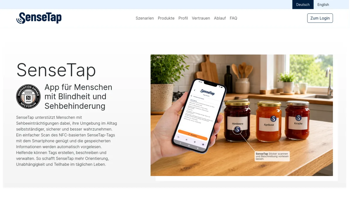 Startseite von SenseTap: Ein Smartphone scannt einen NFC-Sticker auf einem Marmeladenglas