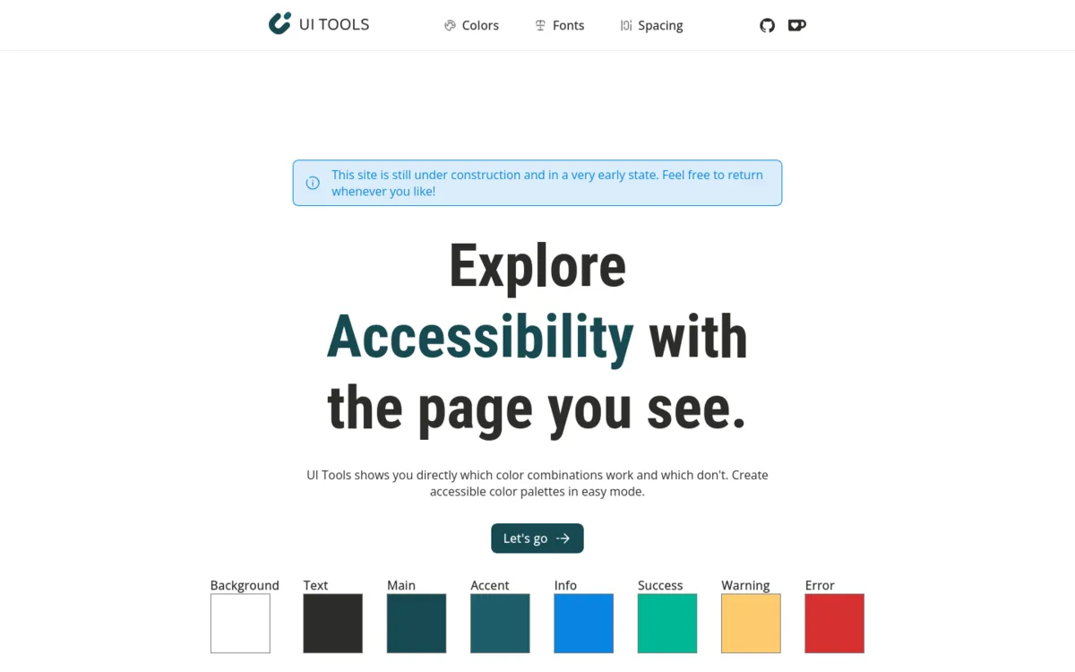 Screenshot der UI Tools Startseite mit dem Slogan „Explore Accessibility with the page you see.“